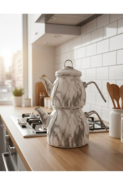 EmayeBurada Marble Patterned Enamel Teapot Set |   Stylish & Durable Design