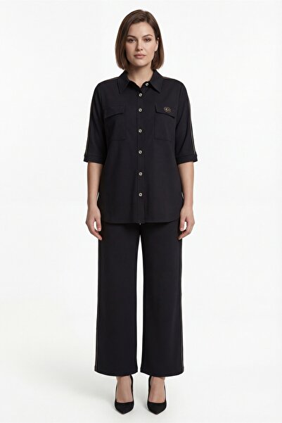 EXİTLİNE Women's Black Seasonal Elastic Waist Double Pocket Buttoned Shirt-Pa...