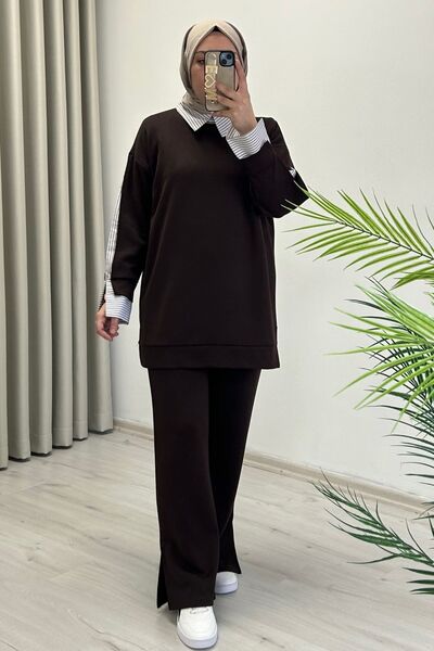 T Moda Store Ecru Tex Slit Shirt with Sleeve and Collar Detail, Modal Fabric,...