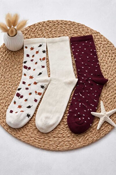 Moonrise Socks Sock Socks 3 Pairs Leaf Patterned - Plain Ecru - Burgundy Polk...