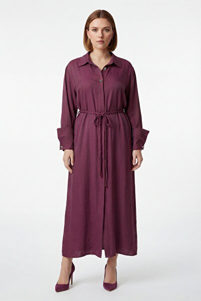 EXİTLİNE Women's Burgundy Summer Dress with Special Accessories and Buttoned ...