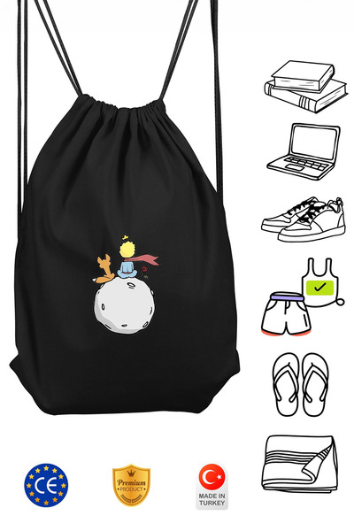 Omotasarım Küçük Prens Unisex Siyah Spor Sırt Çantası Büzgülü