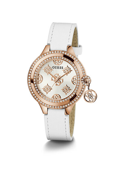 Guess ساعة نسائية بيضاء مطلية بالذهب الوردي، ساعة تناظرية