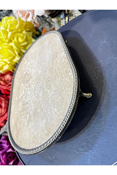 hediye Esterhomedecor Oval Travertine Antique Serving Tray with Stand