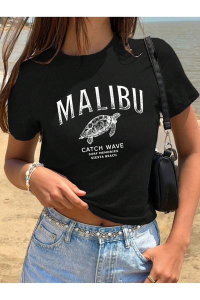 PALPİTO تيشيرت نسائي قصير ضيق برقبة دائرية وطبعة ماليبو ويف