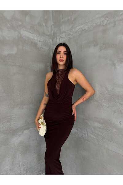 Foola Moda Dantel Detaylı Derin V Yaka Uzun Abiye Elbise Şık Davet Nikah Elbi...