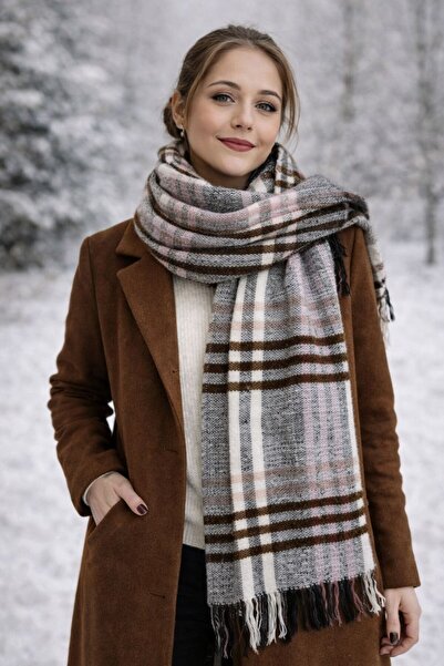 ZRN AKSESUAR Plaid Patterned Shawl Gray-Brown-Pink Trend Soft Textured Stylis...