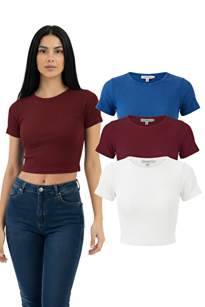 NERTH STYLE Crew Neck Short Sleeve Crop Blouse T-Shirt Combed Cotton Set of 3