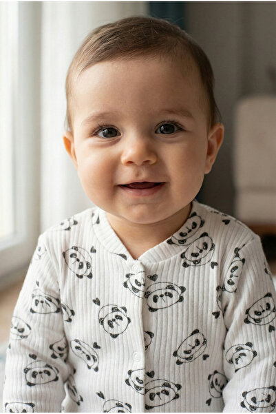Noone Panda and Heart Patterned Ribbed White Baby Romper – Long Sleeve Snap-C...