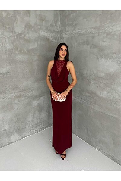 Foola Moda Dantel Detaylı Derin V Yaka Uzun Abiye Elbise Şık Davet Nikah Elbi...