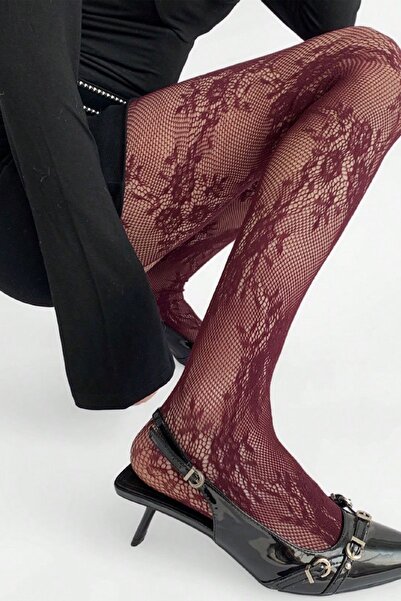 VALESSA Kadın Şarap Rengi Floral Gül Çiçek Desenli Kilotlu Çorap Esnek File K...