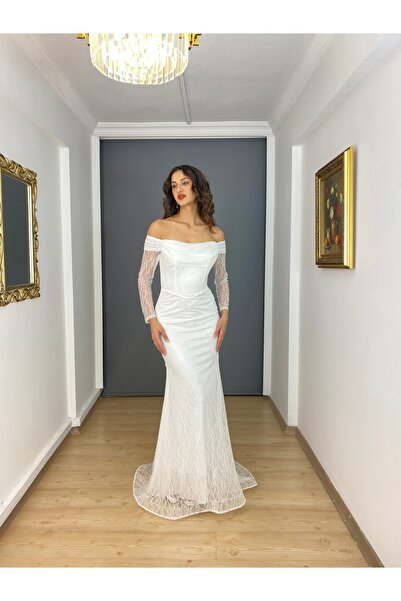 gökkuşagı moda Beyaz Dantel Kayık Yaka Uzun Kollu Balık Uzun Abiye Elbise
