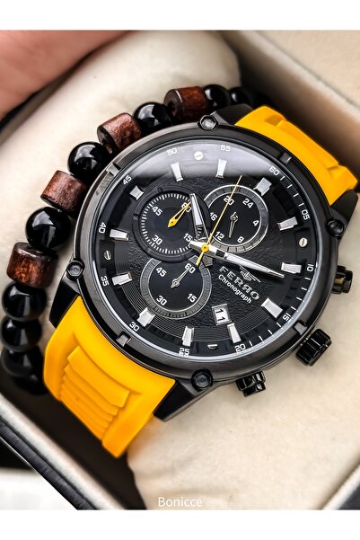 FERRO Sports Men's Wristwatch, Functions Active, Yellow Silicone Cord, in Sty...
