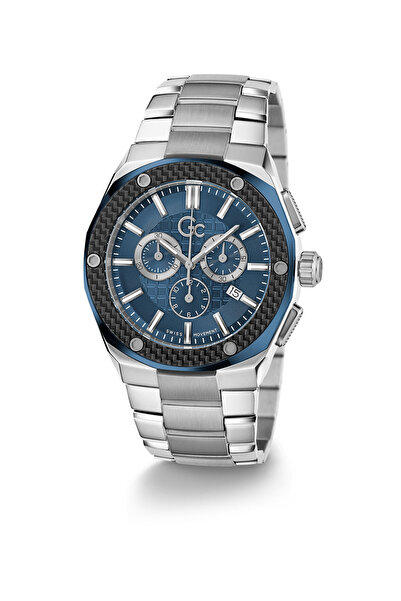 Guess Swiss Mvt-P&B Silver Case & Bclt-Blue Pvd Bezel-Blue Dial-Chrono- 42Mm-...