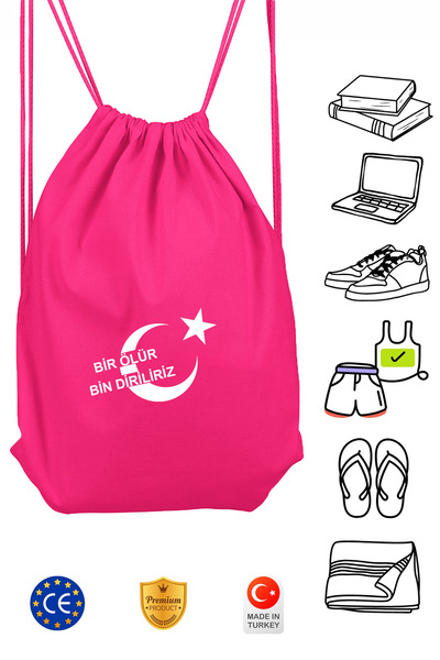 Bir Ölür Bin Diriliriz Unisex Pembe İpli Spor Sırt Çantası