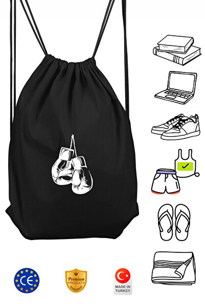 Omotasarım Boks Eldiveni Unisex Siyah Spor Sırt Çantası Büzgülü