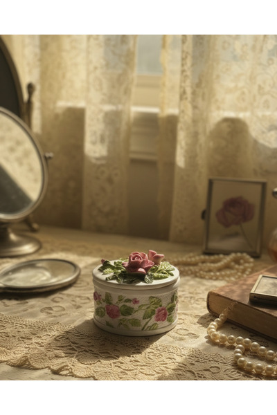 Lilindesign Vintage Pembe Gül Desenli Kapaklı Takı Kutusu – El Yapımı Dekorat...