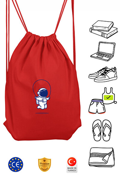 Omotasarım İpli Atlayan Astronot Unisex Kırmızı Spor Sırt Çantası Büzgülü