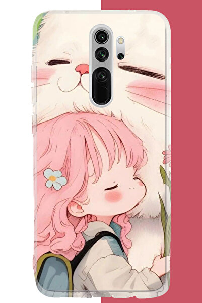 Aksesuarist Redmi Note 8 Pro Uyumlu kawaii küçük kız ve kedi UV Baskılı Silik...