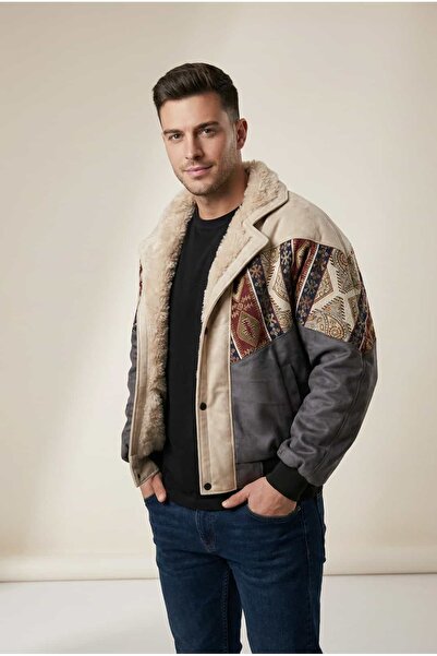 CANMODA (7834) Recien Unisex Fur Collar Vintage Aztec Jacket Oversize 90S Coa...