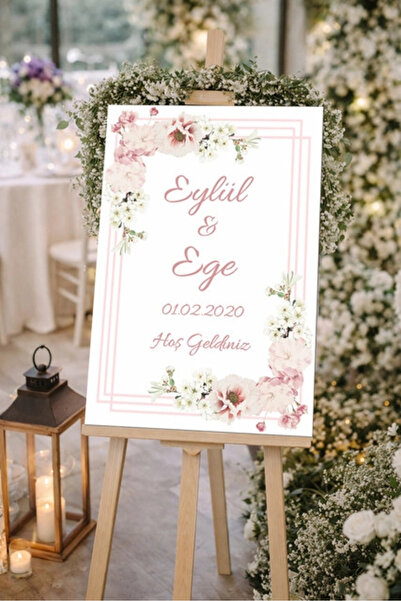Reysa Tasarım Pembe Güllü Düğün, Nişan ve Söz Karşılama Panosu – 50x70 cm