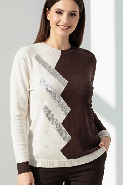 Bİ.GİYSEN Women's Coffee Color Crew Neck Front Verev Stone Embellished Cashme...