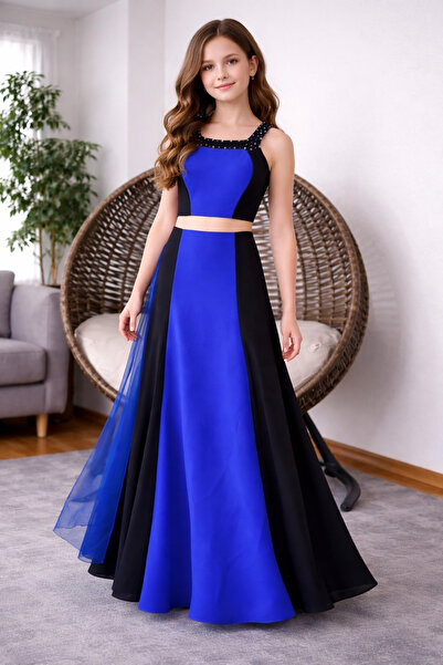 MODA NUR Kız Çocuk Mavi Siyah Uzun Abiye Elbise