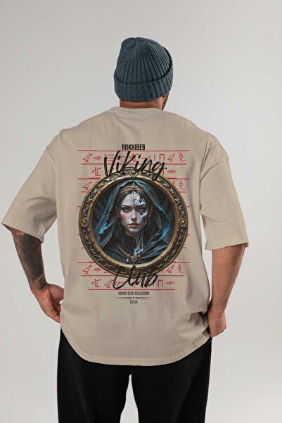 Ankhises Tricou Viking Mythology 10 cu imprimeu pe spate, bej, supradimension...