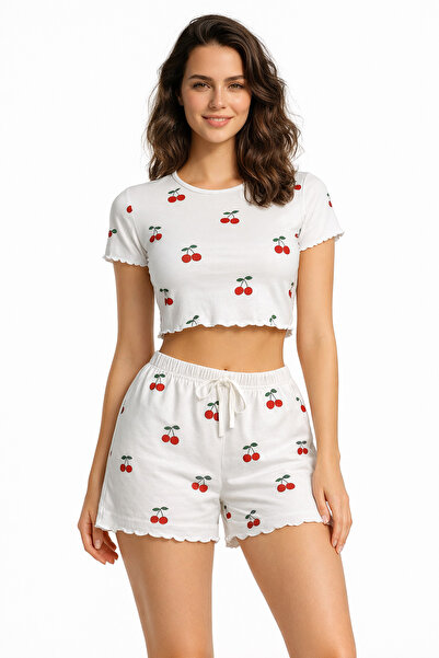 Burcumay Γυναικείο καλοκαιρινό σετ πιτζάμες με μοτίβο λευκού κερασιού και μίν...