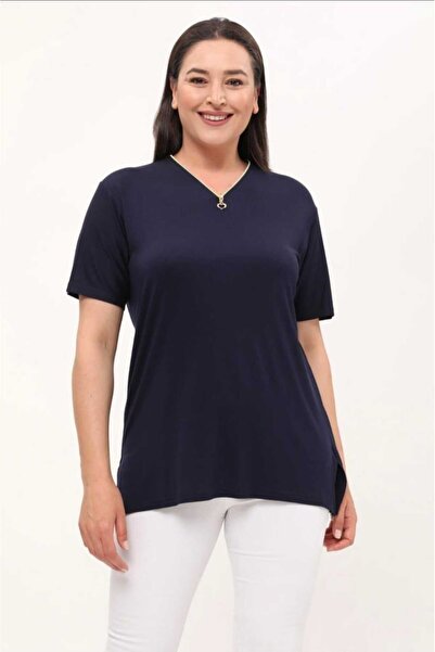 LAVRE V-Neck Zipper Detail Viscosa Plus Size T-Shirt