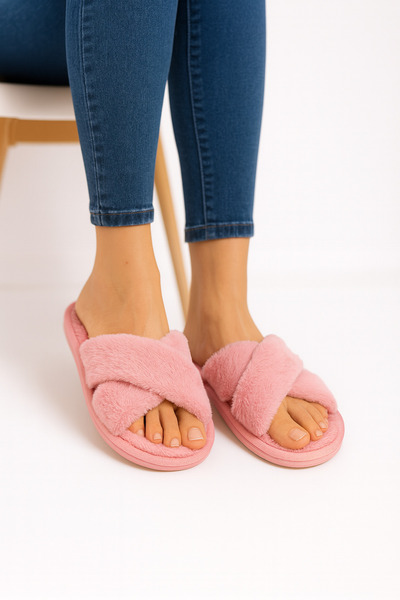 BİG STEPS Kadın Çapraz Bantlı Tüylü Ev Terliği - Yumuşacık Peluş Terlik, Sesi...