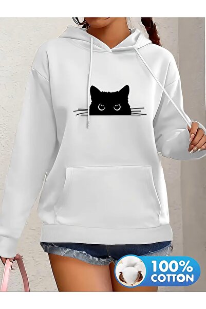 PARUNIV Women's sweatshirt Curious Mustache Cat, with hood and drawstring, ev...