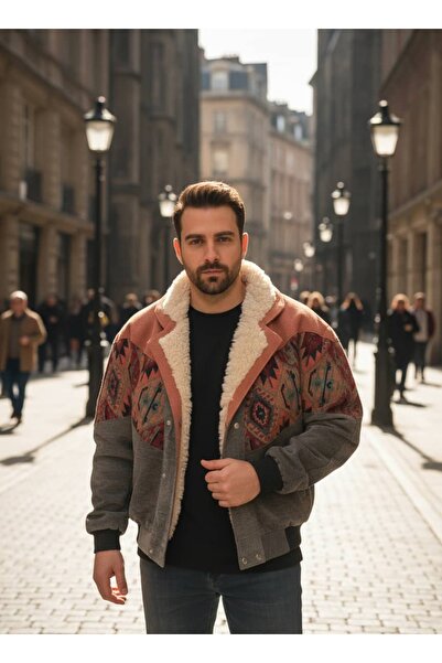 CANMODA (7832) Recien Unisex Fur Collar Vintage Aztec Jacket Oversize 90S Coa...