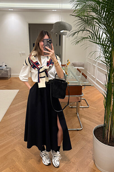 5in1Canpolat Black Slit Flared Midi Skirt