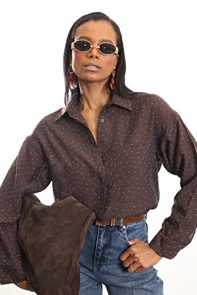 5in1Canpolat Brown Stone Detailed Tencel Shirt 18126