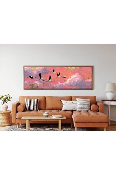 woodhomeworks Tek Parça Gerçek Ahşap Yatay Panorama Çerçeveli Tablo turna sürüsü