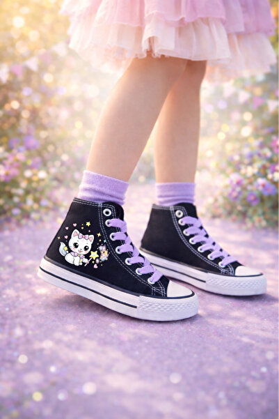 LEVENT ÖZCAN Παιδικό sneaker μαύρο με σχέδιο Magic Kitty, λιλά κορδόνια και λ...