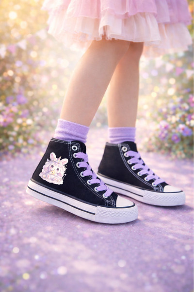 LEVENT ÖZCAN Lumi Baskılı Lila Bağcıklı Bilekli Siyah Çocuk Sneaker