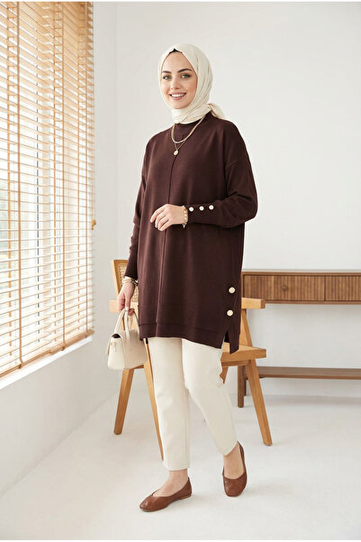 Kirazca Butik Kadın Merserize Kol Düğme Detaylı Tunik Yan Düğmeli