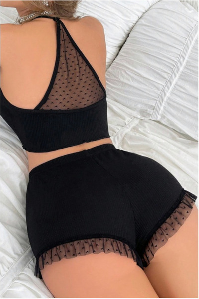 Vielove Kadın Siyah Kaşkorse Puantiyeli Şortlu Gecelik Takımı – Sırt ve Bacak...