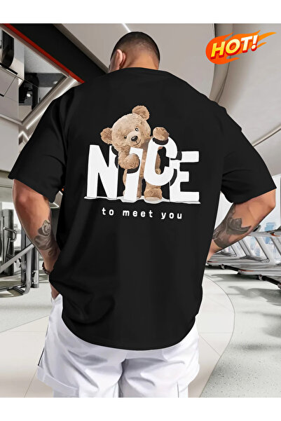 Rayan & Hoor Style Tricou din bumbac oversize cu imprimeu NICE și decolteu ti...