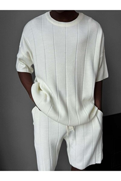 elkumoda Men's Half Oversize Knitwear Shorts T-Shirt Set Striped Knitted Crew...