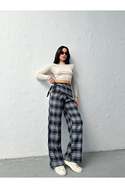 ASEDE Bersh Model Plaid Pattern Waist Scarf Detailed Trousers
