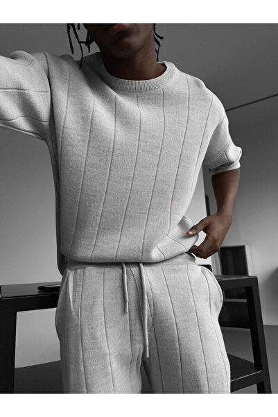 elkumoda Men's Half Oversize Knitwear Shorts T-Shirt Set Striped Knitted Crew...