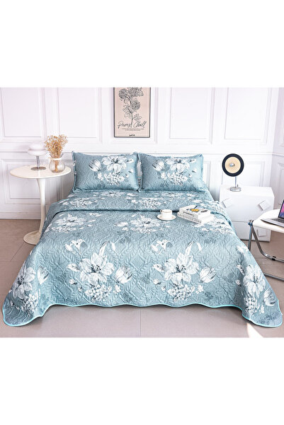 FIONNA.RO Double-Sided Quilted Cotton Blanket - Floral Elegance on Light Turq...