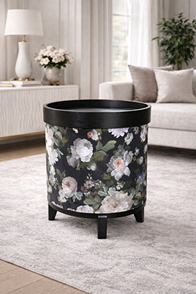 Adawall Siyah Çiçek Desenli Puf ve Tepsi