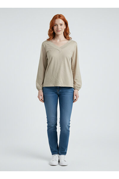 Neden Tekstil Mink V-Neck Balloon Sleeve Cuffed Comfortable Fit Basic Blouse