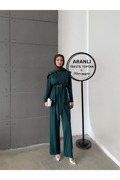 hacer ayaydın Asymmetrical Segmented Belted Sandy Double Set