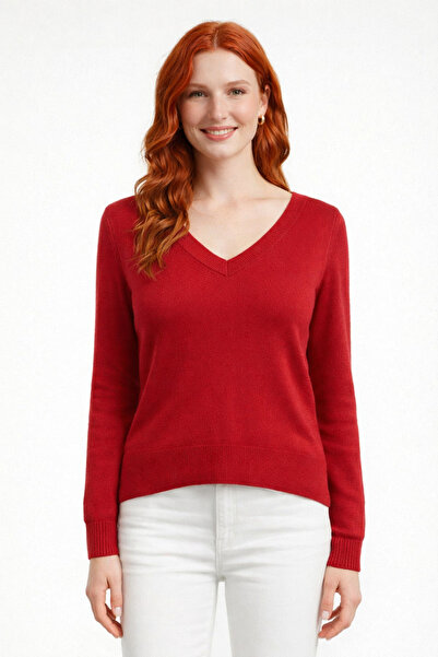 Neden Tekstil Red V-Neck Fine Textured Basic Knitwear Blouse