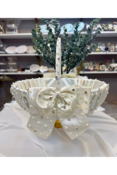 Lovein Atelier Taşlı,İncili Fiyonklu Hediyelik Sepet - Düğün, Nişan,Bohça,Nik...